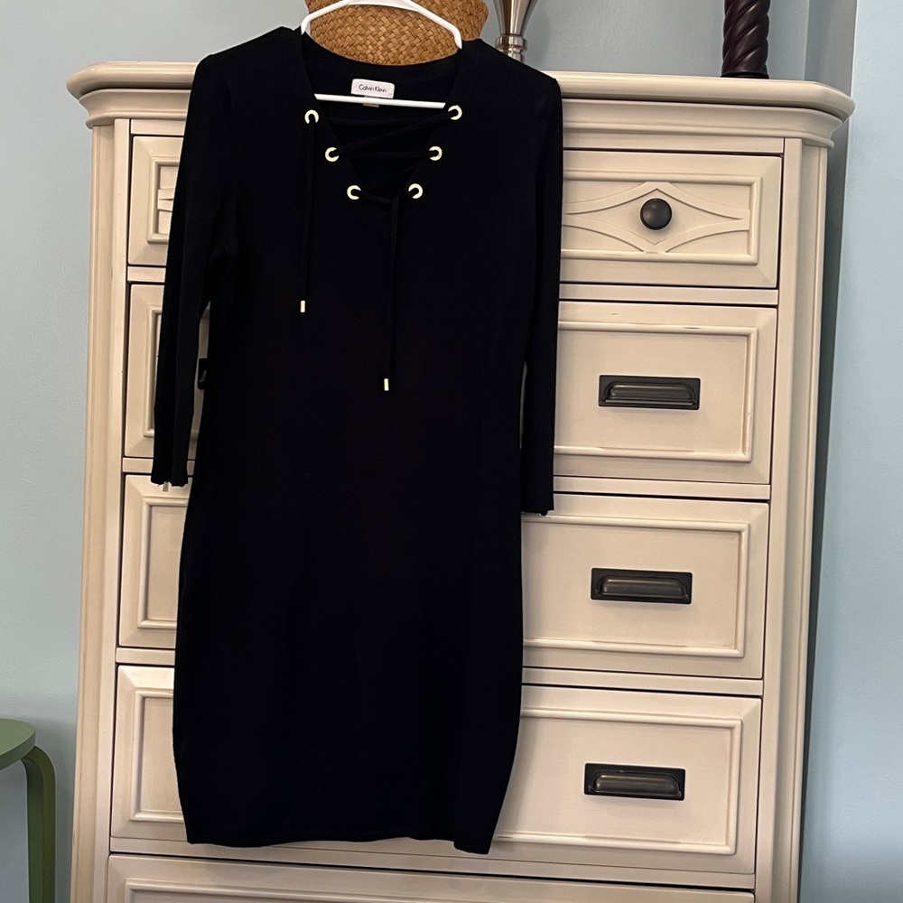 Calvin Klein Long Sleeve Dress Size PL Black with Front Ties & Gold Eyelets
